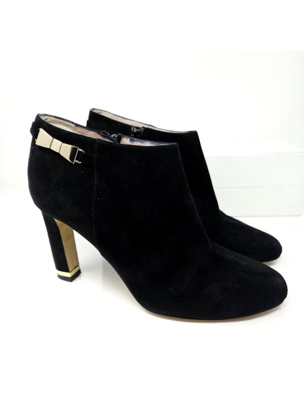 Kate Spade Aldaz Ankle Boots Womens 9 Black Suede Gold Bow Block Heel Booties - Picture 5 of 9